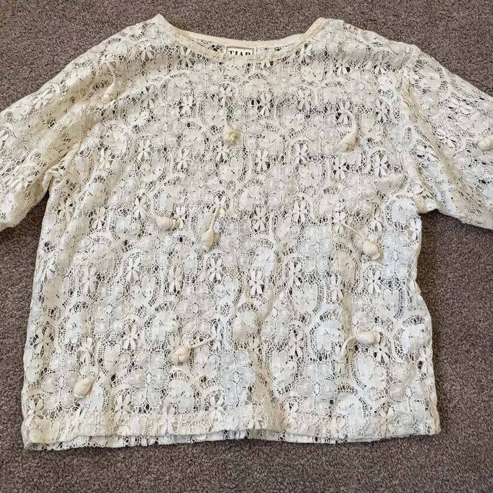 TIAR Women Ivory Lace Sheer Blouse Size Large Crochet Long Sleeve  scandi girl